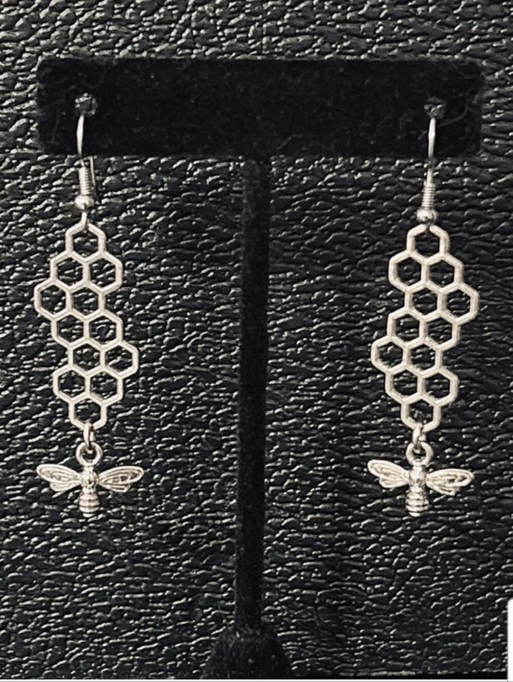 Honeycomb & Bee Drop Earrings - Silver Tone